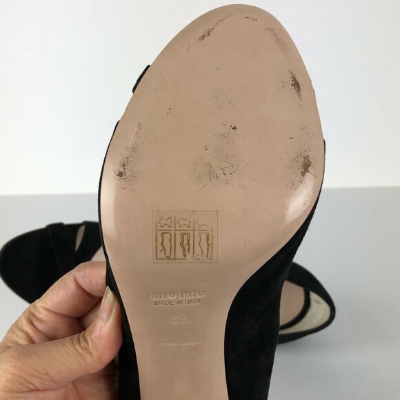 Miu Miu Cross Strap Stiletto Heel Black Suede Open Top Pump Women's Size 9/39 - Picture 8 of 11
